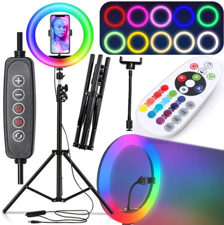 Állítható okostelefon állvány + selfie gyűrűs LED 100 W RGB lámpa távirányítóval, 210 cm