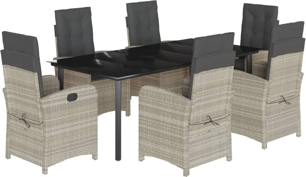 vidaXL 7 részes világosszürke polyrattan kerti étkezőszett párnával