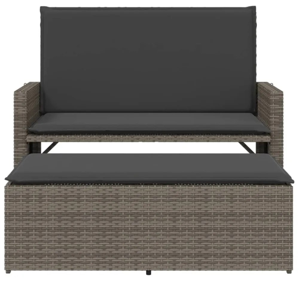 szürke polyrattan kerti pad párnával és lábtartóval