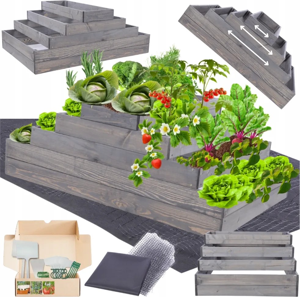 Lépcsőzetes zöldségtartó állítható ágyás magasított impregnáló 45x120x60