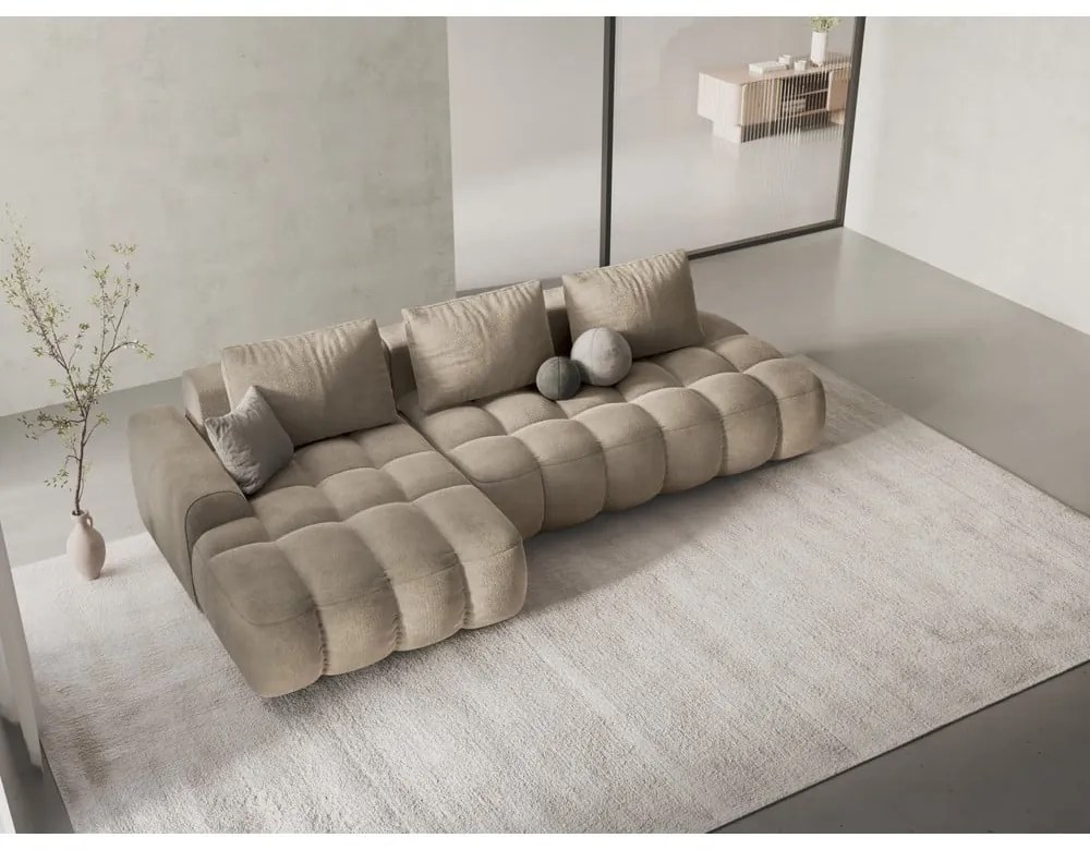 Bézs bársony kinyitható-tárolóhelyes sarokkanapé (bal oldali-heverő résszel) Linz – Cosmopolitan Design