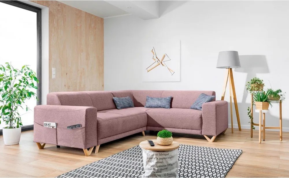 Rózsaszín kinyitható-tárolóhelyes sarokkanapé (jobb oldali-L alakú) Classy Sophie – Miuform