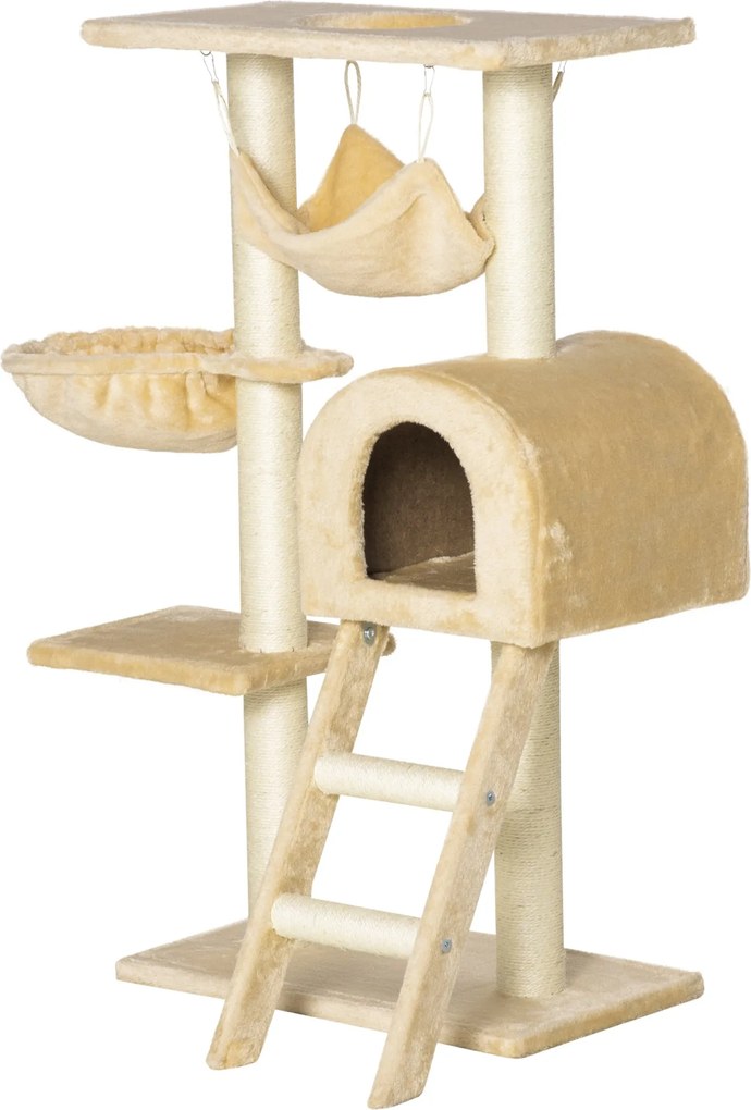 PawHut Macska Kaparófája 98 cm Magas Mászó Torony Bújó Kosárral, Hintaággyal, Lépcsőkkel és Természetes Szizál Posztokkal 54x29.5x98 cm Bézs | Aosom