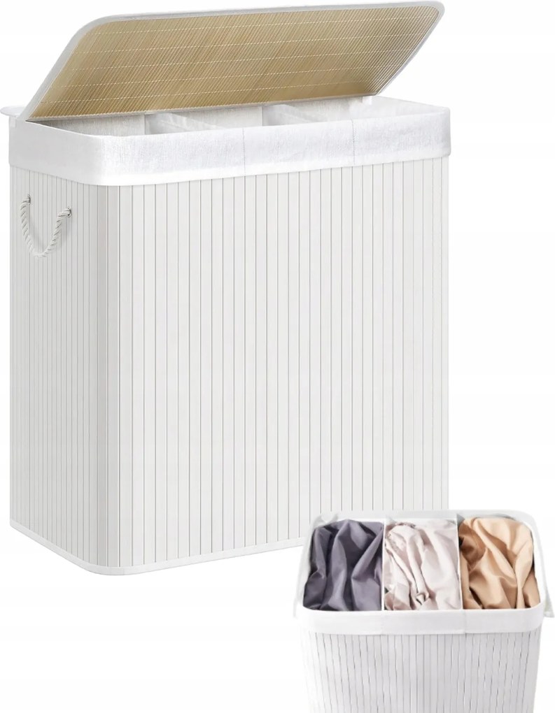 Stílusos szennyestartó kosár, 150l, 3 rekeszes, szelektív hulladékgyűjtéshez, fehér, zárható