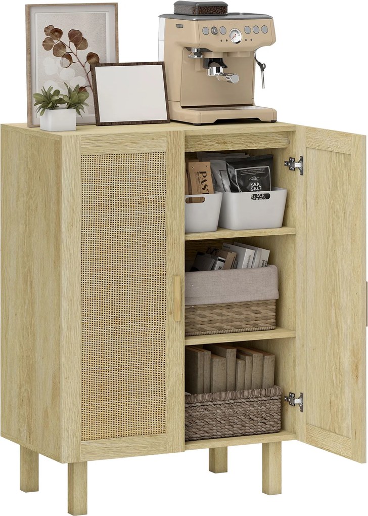 HOMCOM Rattan Cane 2-ajtós Komód Bohém Stílusban Állítható Polcokkal Étkezőbe, Előszobába, Hálószobába Természetes 73x41x102 cm | Aosom