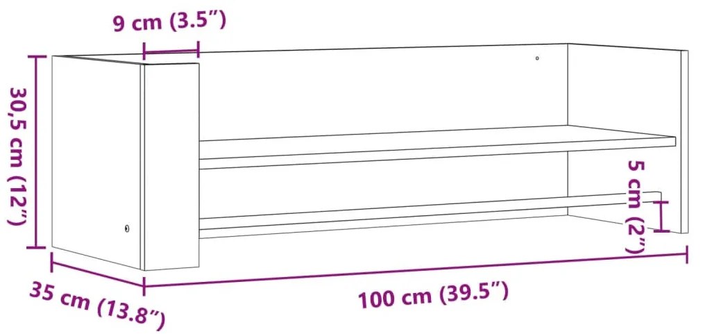 füstölt tölgy színű szerelt fa fali polc 100 x 35 x 30,5 cm