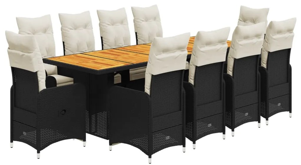 11 részes fekete polyrattan kerti bisztrógarnitúra párnákkal