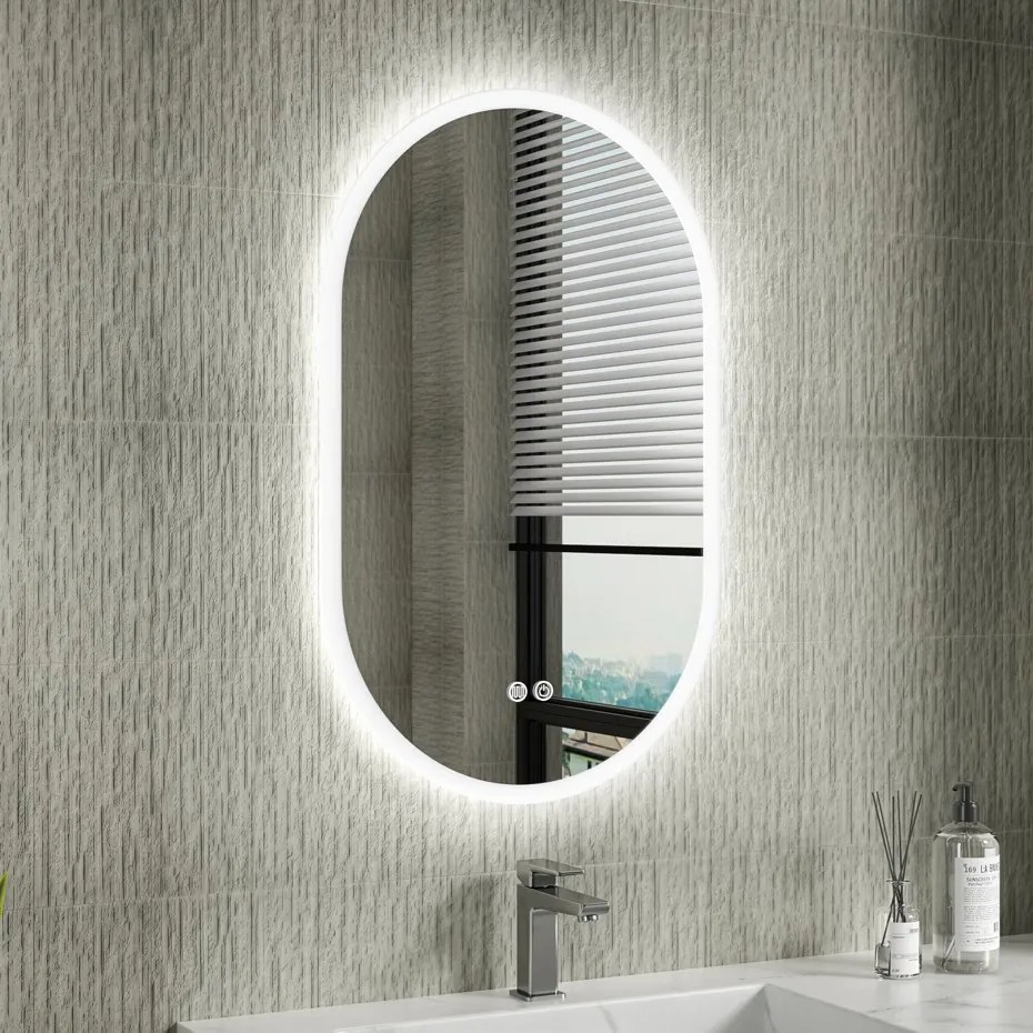 Erga Demi, ovális LED tükör 50x80cm, 3 színű fény, első világítás, páramentes fűtőbetét, ERG-V01-Demi-5080-CL