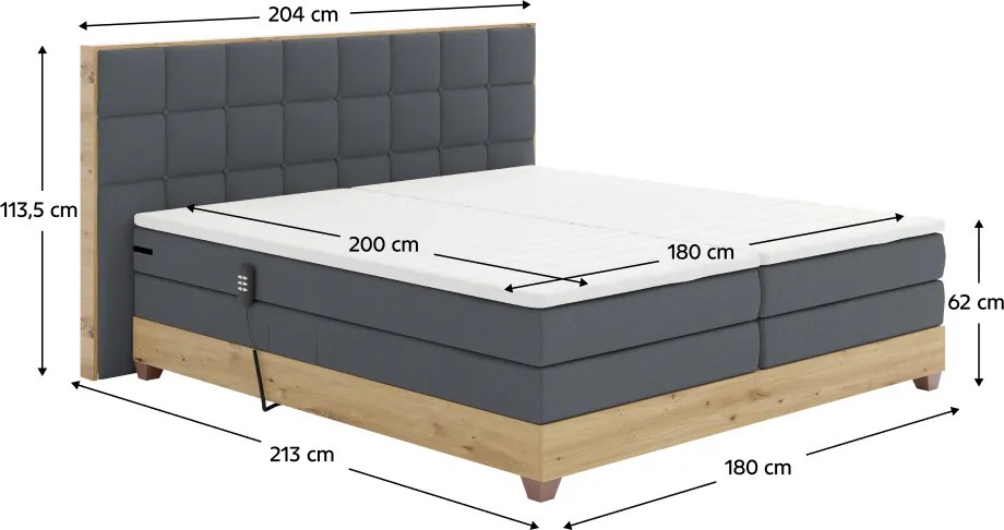 Elektromos állítható ágy, boxspring, sötétszürke/artisan tölgy, 180x200, TIANA