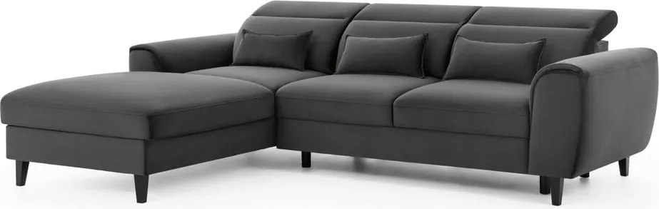 Sötétszürke bársony kinyitható-tárolóhelyes sarokkanapé (bal oldali-heverő résszel) Foble – ELTAP