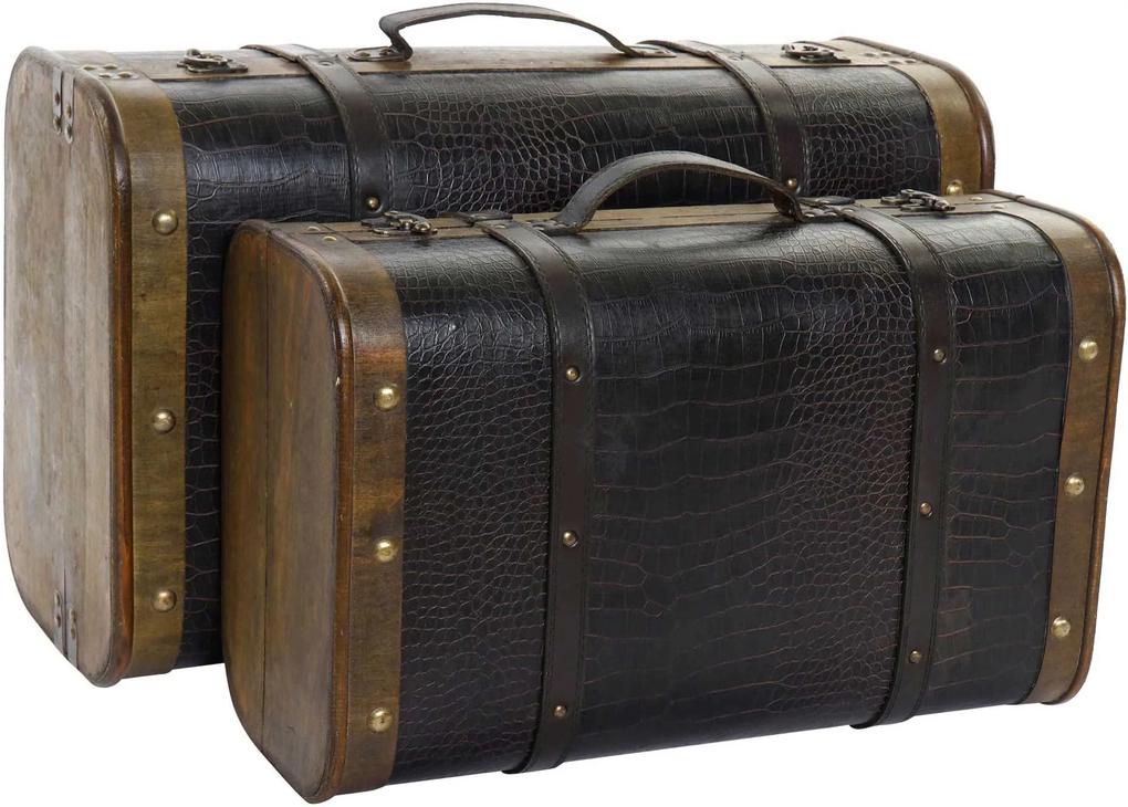 2 részes bőrönd alakú fa tároló láda szett műbőr borítással