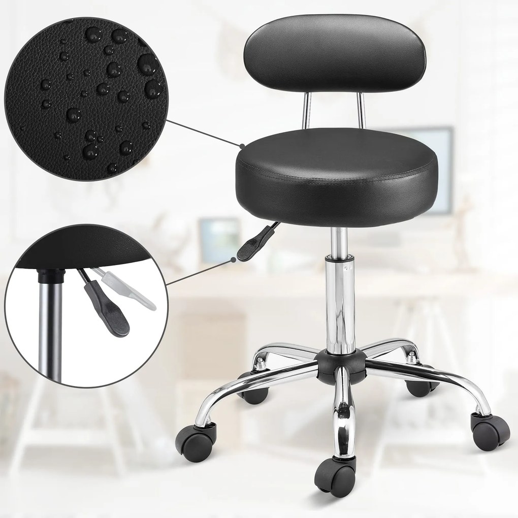 ROLAND háttámlás görgős puff, Ø35cm, fekete Casaria