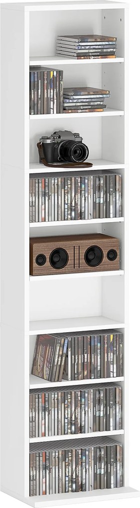 HOMCOM CD és DVD Polc CD Tartók Szűk 9 Rekesszel Állítható Polcokkal Nappalihoz Irodához 33x24x140 cm Fehér | Aosom