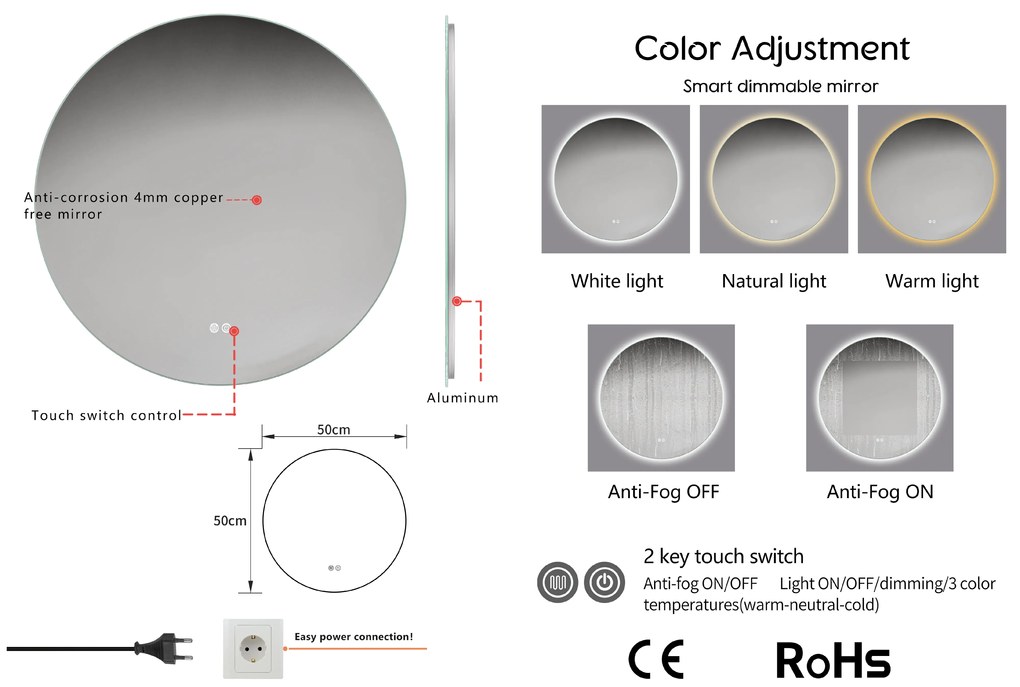 Erga Sofia, kerek LED tükör 50cm páramentes fűtőbetéttel, ERG-V01-207-5050