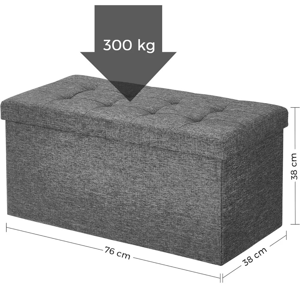 Összecsukható vászon tárolópuff, felnyitható ottomán, sötétszürke 76x38x38cm