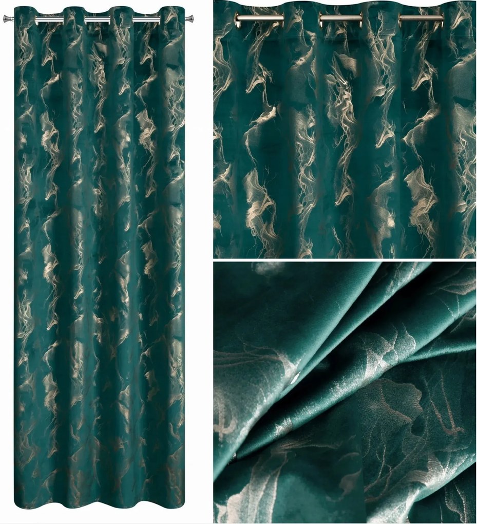 Velúr függöny átvezetőkkel 140x250 Sötét türkiz arany nyomott mintával