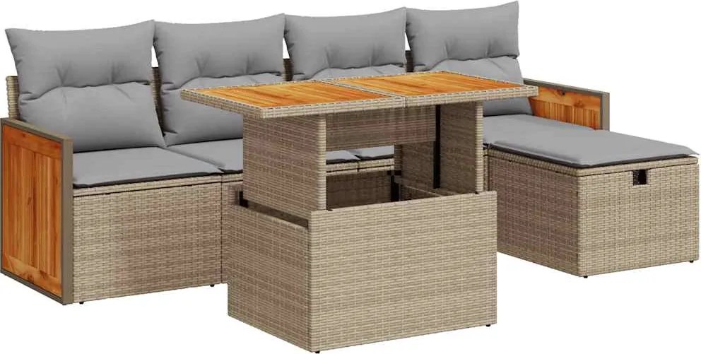 vidaXL 6 részes bézs polyrattan kerti ülőgarnitúra párnával