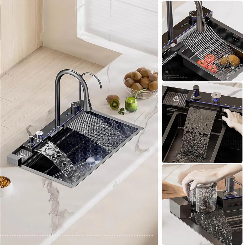 Konyhai csaptelep ELITE EDITION KS2199 LED-kijelzővel, kihúzható zuhanyfejjel, több színváltozatban — Fekete — 68 cm