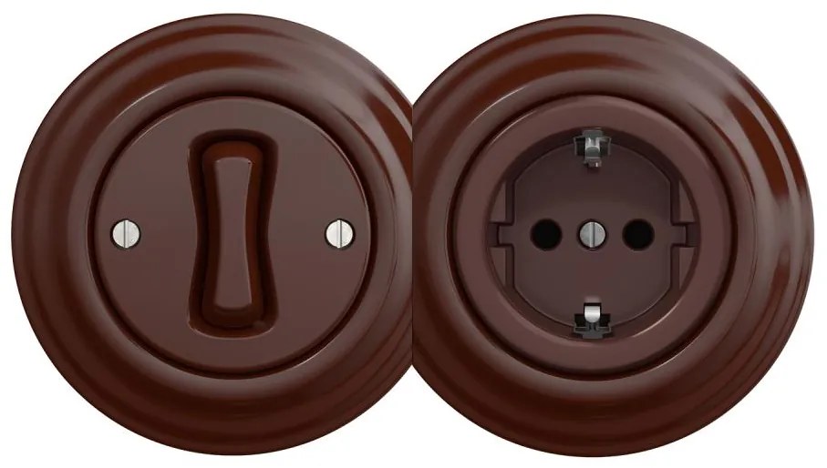 Kliklap - Retro egypólusú 1-es kapcsoló és SCHUKO 230V aljzat kerettel, barna