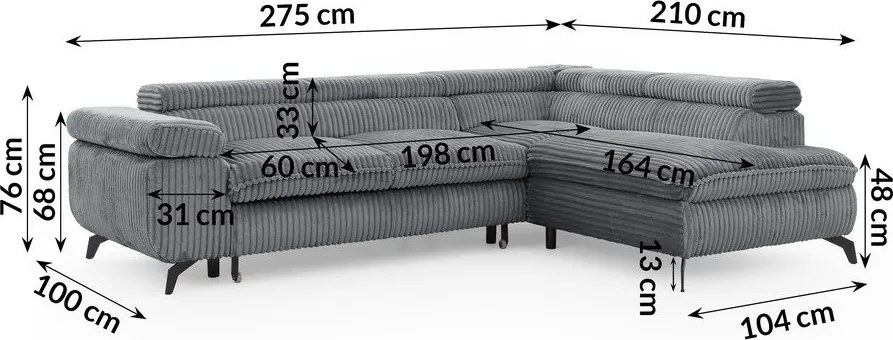 Szürke kordbársony sarokkanapé (jobb oldali-L alakú) Marbeya – Ropez