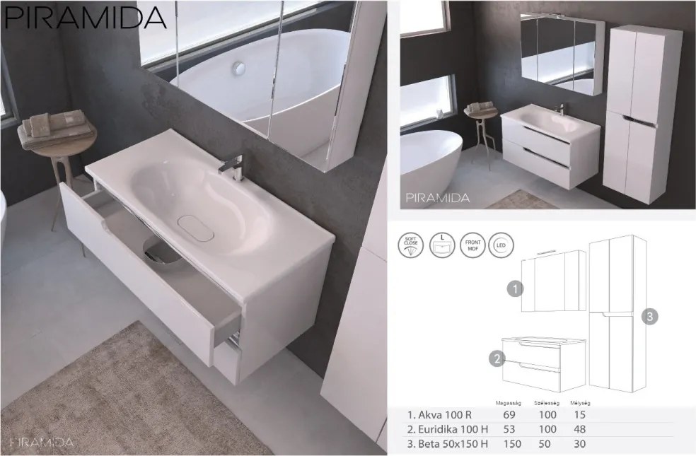 Piramida EURIDIKA fali / álló fürdőszobabútor - műmárvány mosdóval - 2 fiókos - 100 x 48 x 53 cm
