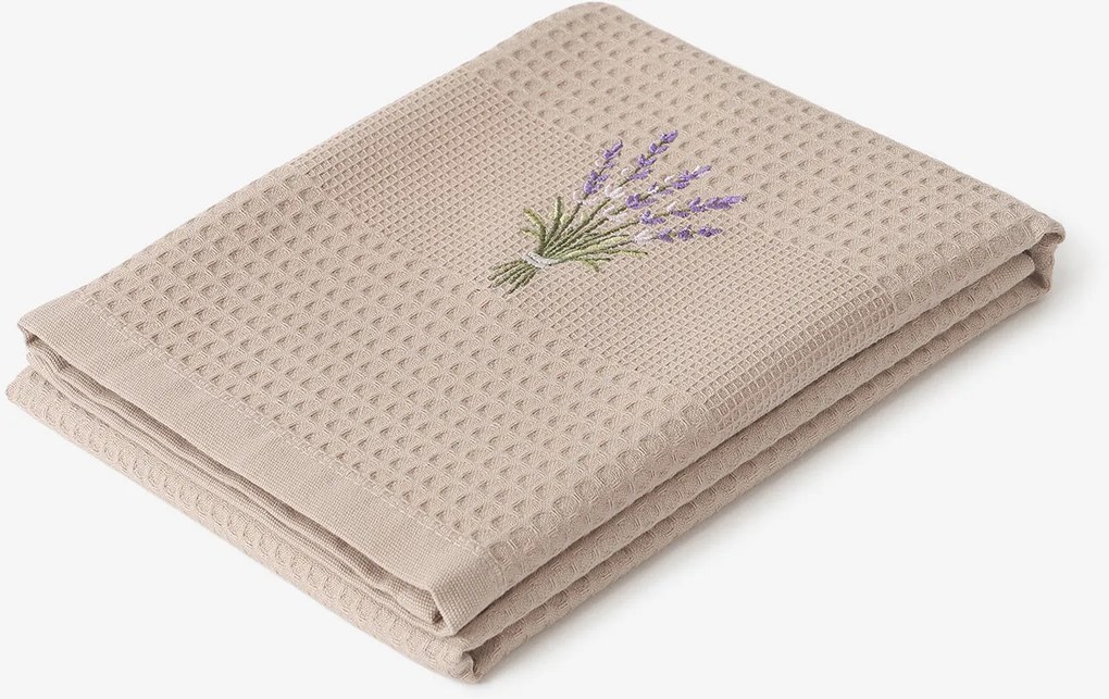 Goldea hímzett waffle konyharuha - levandula mintás barna alapon 50 x 70 cm