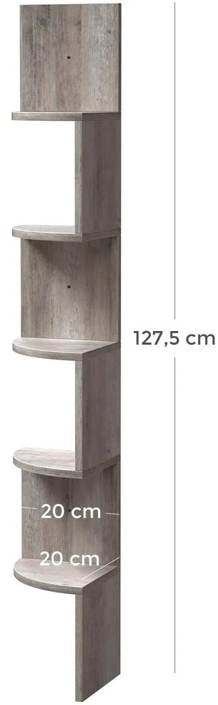 Sarokpolc, 5 szintes függesztett polc, cikk-cakk kivitel, könyvespolc, 20 x 20 x 127,5 cm