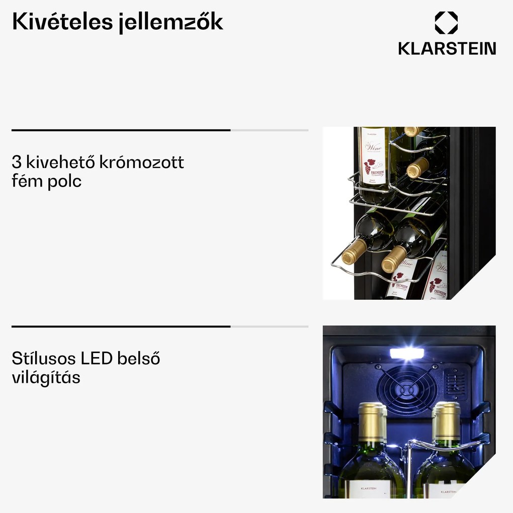 Klarstein Shiraz 12 Slim, bohűtő, 32 l, 12 palack, 85 W, 5–18°C, érintőképernyős kezelőpanel