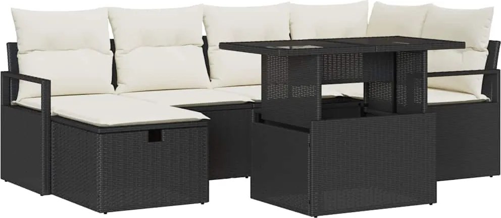 vidaXL Kerti Kanapé Szett párnával tárolóval 7 pcs Fekete Poli rattan