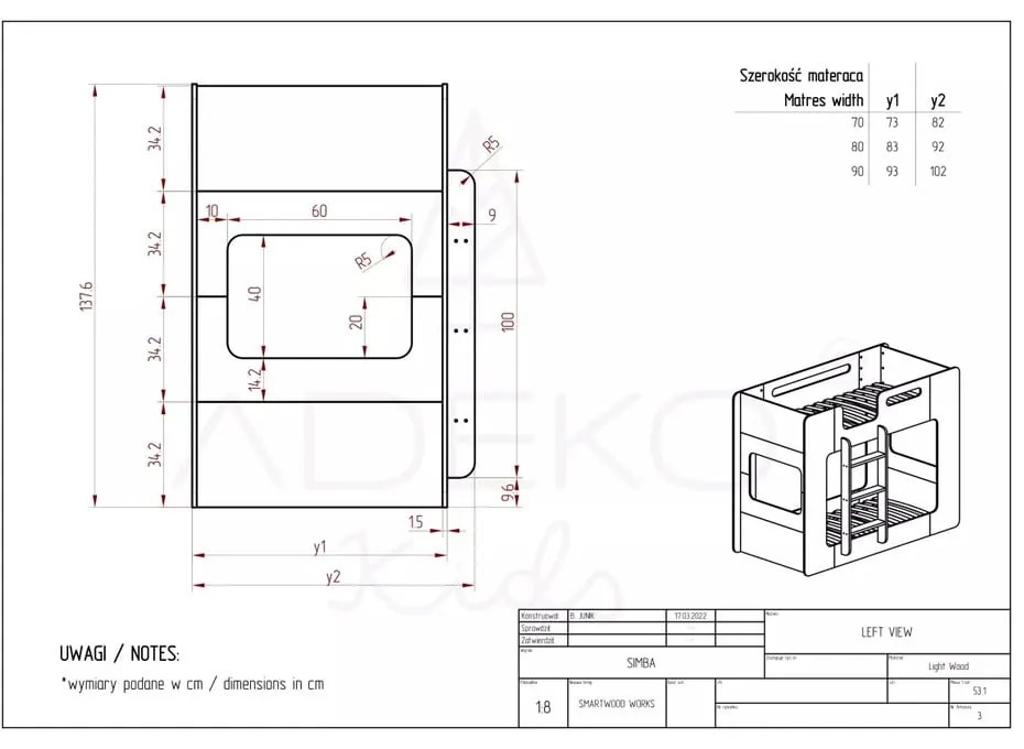 Emeletes gyerekágy 70x160 cm Simba - Adeko
