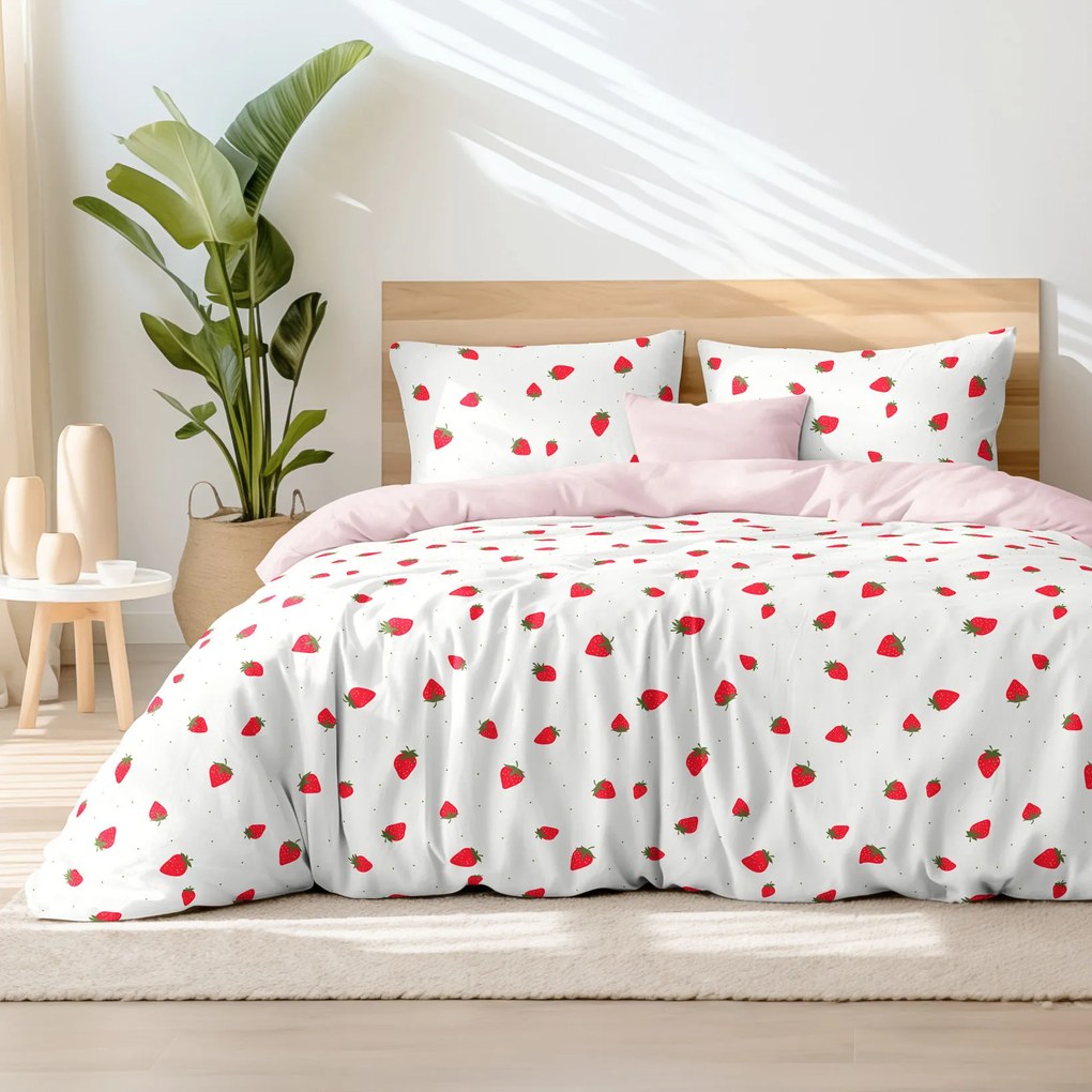 Goldea pamut ágyneműhuzat duo - friss szamócák - púderrózsaszín hátoldal 220 x 200 és 2db 70 x 90 cm