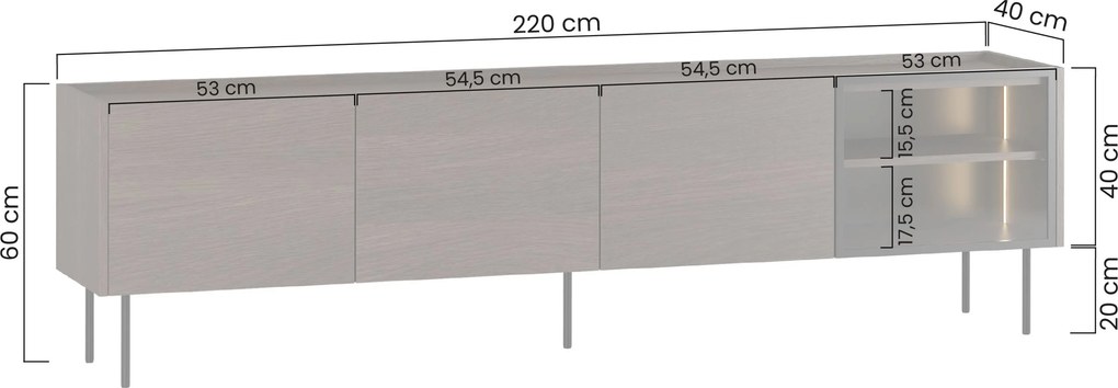 Dunari TV-szekrény 220 cm fém lábakkal - dunin tölgy
