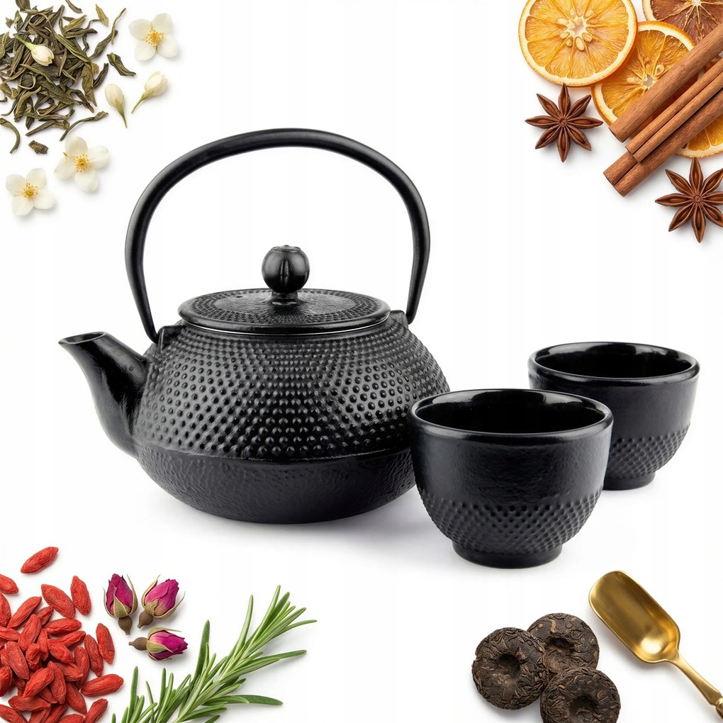 Öntöttvas Teáskanna Szett 2 Db Öntöttvas Csésze