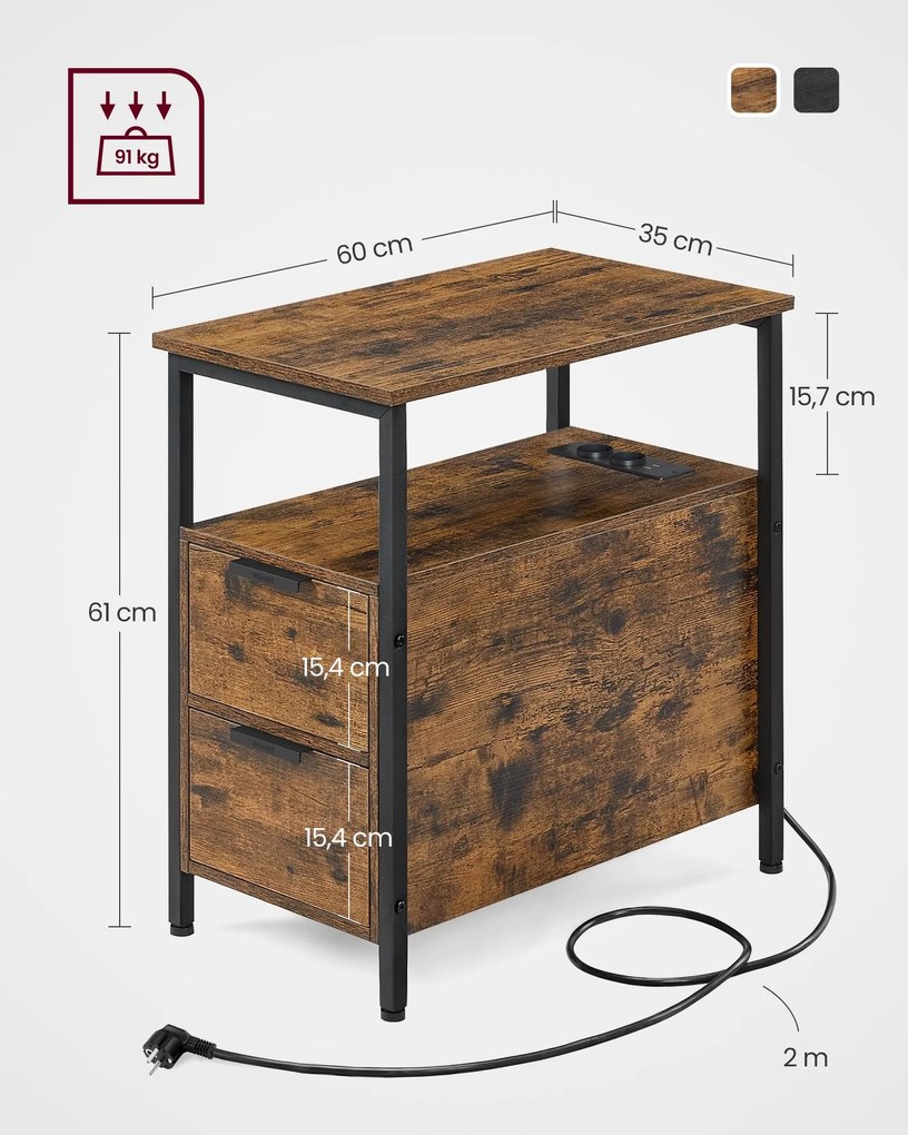 Oldalasztal, éjjeliszekrény beépített elosztóval barna és fekete színben