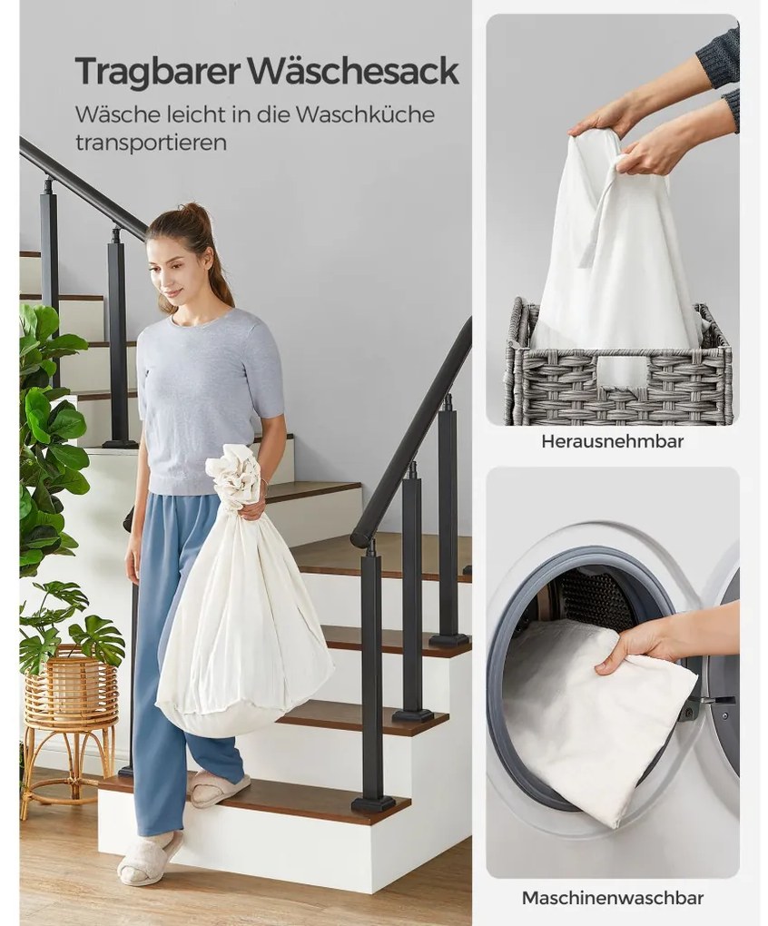 Kézzel fonott rattan stílusú szennyeskosár 3 rekesszel 140L, szürke