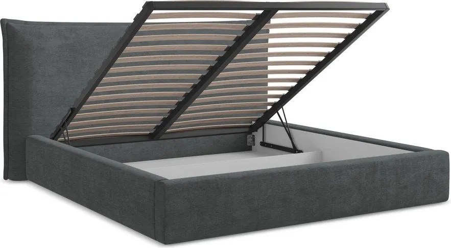 Sötétszürke kárpitozott ágyneműtartós franciaágy ágyráccsal 180x200 cm Esala – Makamii