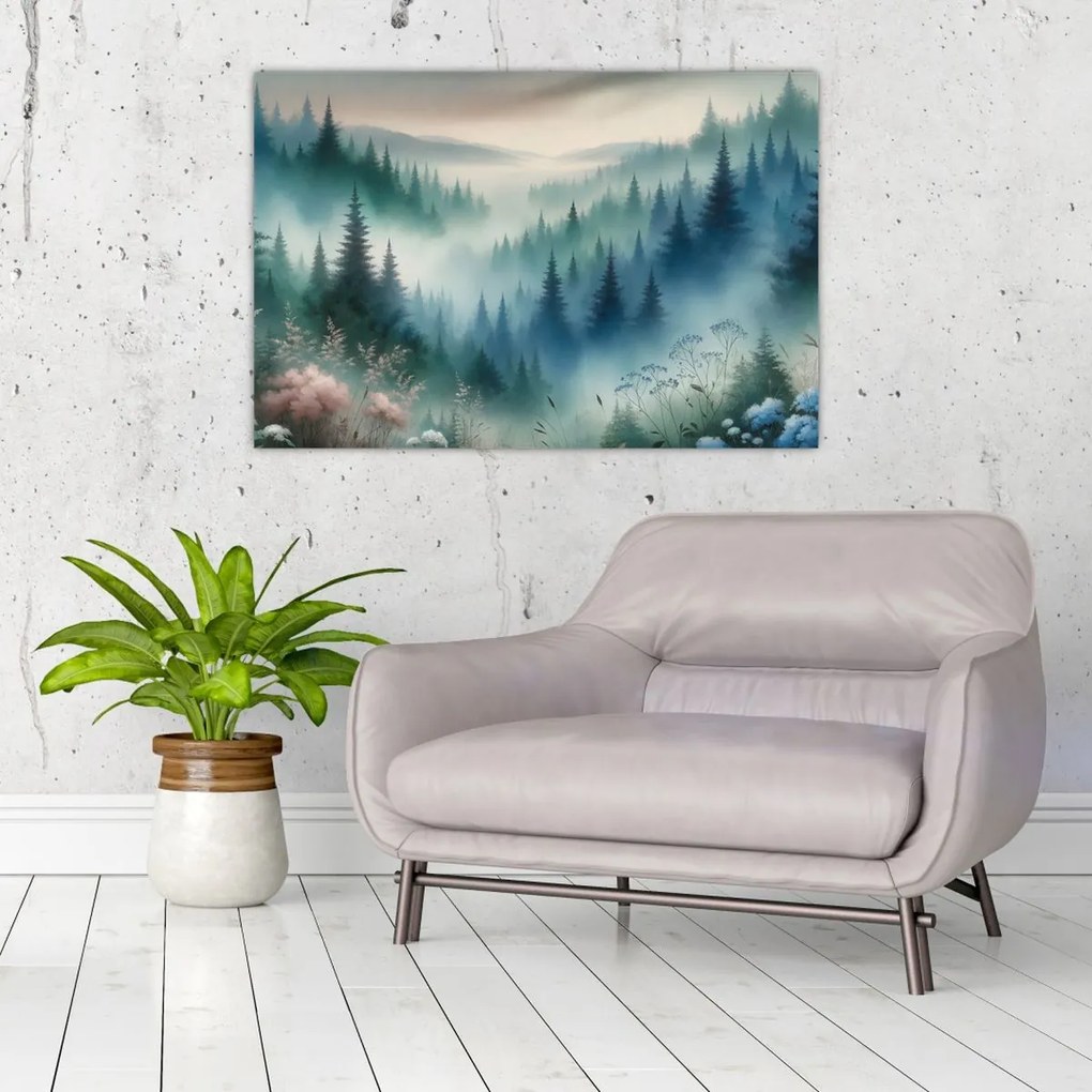 Kép - Erdős táj köddel (90x60 cm)