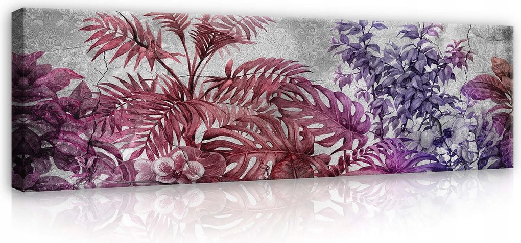 Vászonkép 145x45 Trópusi levelek dzsungel növény rózsaszín lila bordó textúra