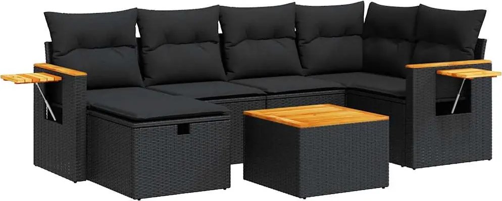 vidaXL 7 részes fekete polyrattan kerti ülőgarnitúra párnával
