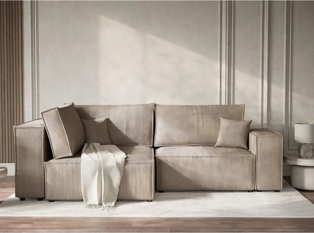 Bézs kordbársony kinyitható-tárolóhelyes sarokkanapé (bal oldali-L alakú) Tonga – Maison de Rêve