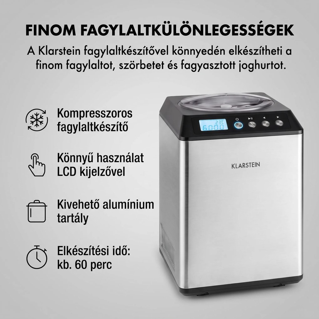 Klarstein Vanilly Sky Family, fagylaltgép, fagylalt- és fagyasztott joghurtkészítő gép, 250 W, 2,5 L, ezüst