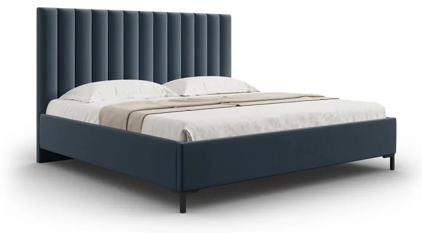 Sötétkék kárpitozott ágyneműtartós franciaágy ágyráccsal 180x200 cm Casey – Mazzini Beds