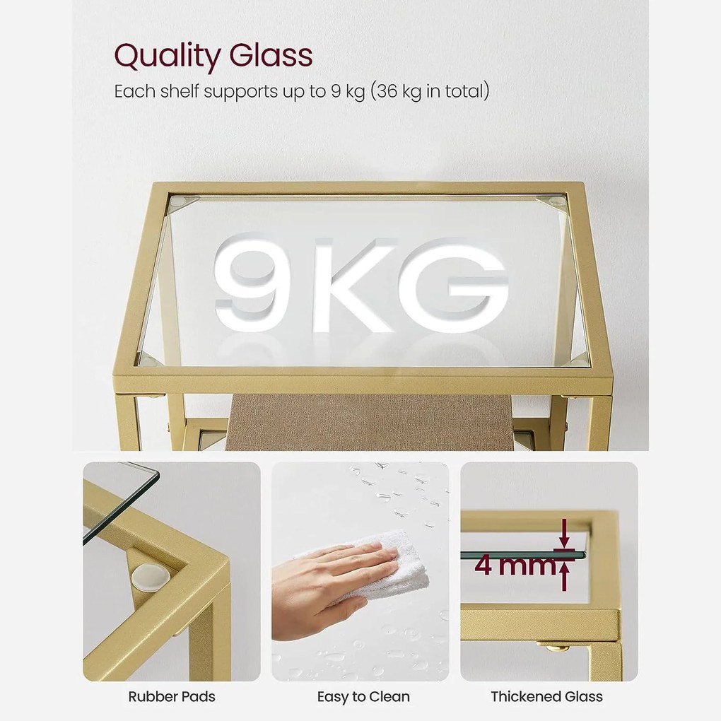 Fürdőszobai tárolópolc 95x40x30 cm, edzett üveg tároló állvány, arany