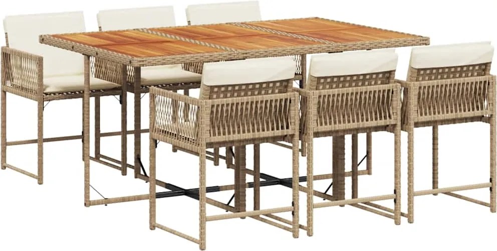 vidaXL 7 részes bézs polyrattan kerti étkezőgarnitúra párnákkal