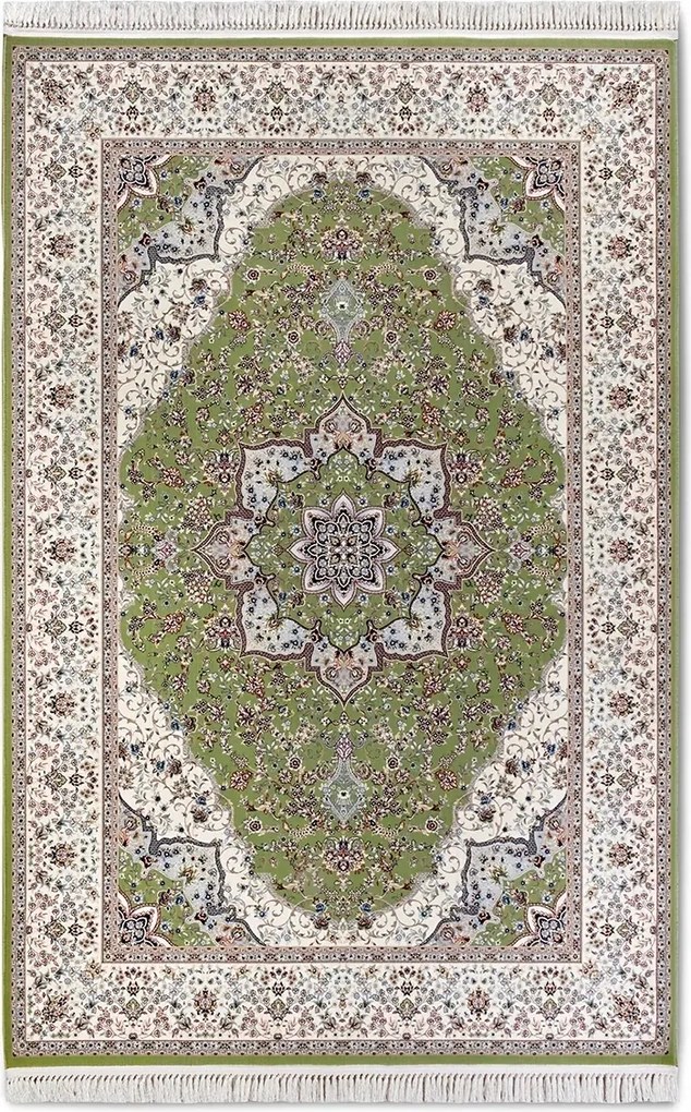 Hagyományos szőnyeg nappaliba 128x190c,klasszikus zöld-krém rojtokkal