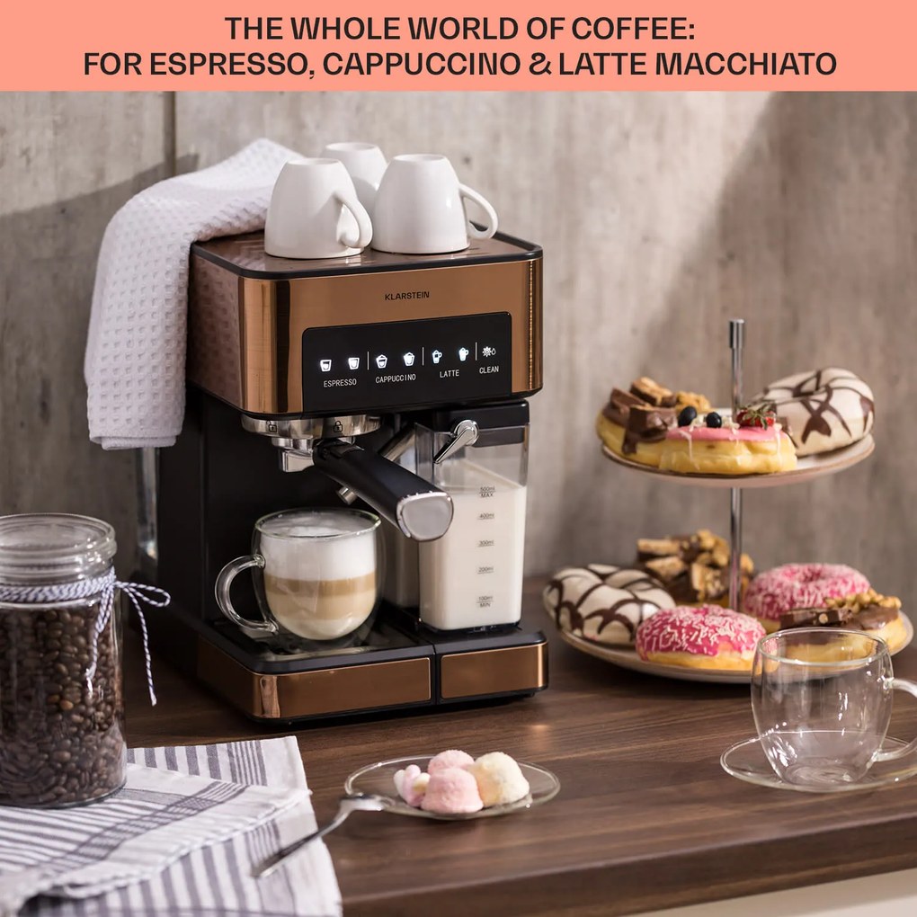 Klarstein Arabica Comfort, kávégép portaszűrővel, 1350 W, 20 bar, 1,8 l, érintőképernyő