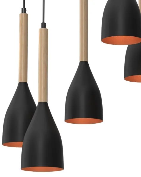 Csillár zsinóron MUZA 5xE27/15W/230V fekete/bézs/réz/bükkfa