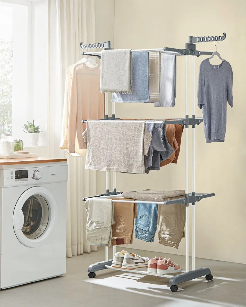 Összecsukható ruhaszárító kerekekkel, 4 szintes, fehér