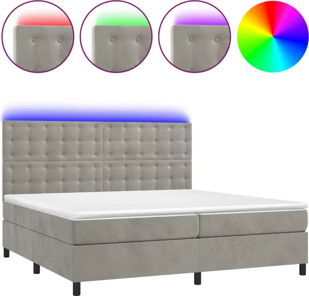 vidaXL világosszürke bársony rugós és LED-es ágy matraccal 200x200 cm