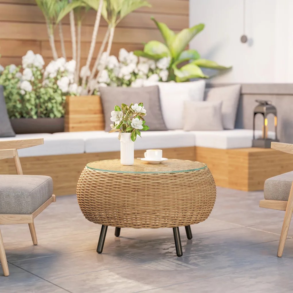 Rattan kerek kerti asztal, üveglappal, barna Ø75 x 42 cm